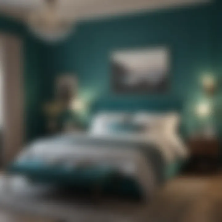 Mood lighting enhancing a tranquil teal bedroom