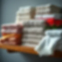 An array of luxurious bathroom towels arranged elegantly on a wooden shelf.