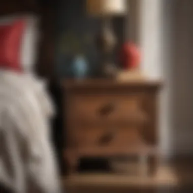 Close-up of red oak nightstand with decorative items