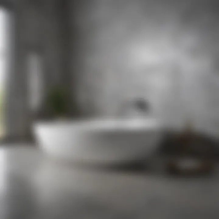 Close-up of gray tiles and textures that enhance the serene atmosphere of the bathroom.