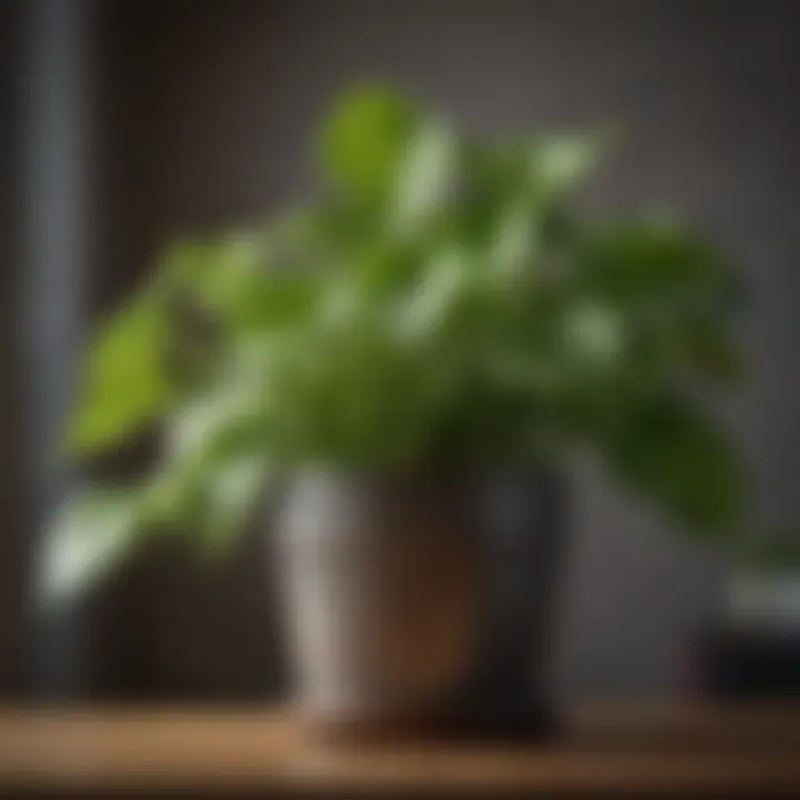 Close-up of a healthy, thriving pothos plant in a stylish pot.