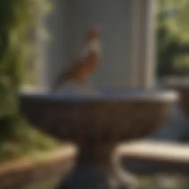 Close-up of intricate rod iron design on a bird bath