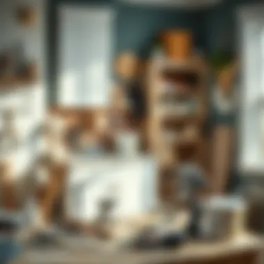 Well-organized workspace with tools and materials for cabinet painting