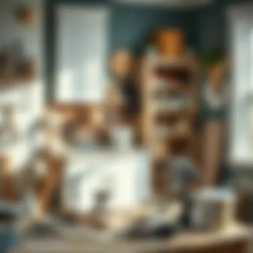 Well-organized workspace with tools and materials for cabinet painting