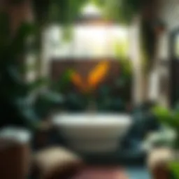 Lush tropical bathroom with greenery and natural light