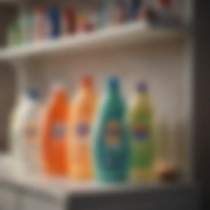 Bottles of various laundry detergents on a shelf