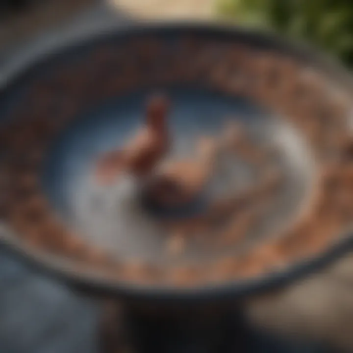 Close-up view of a decorative cast iron bird bath featuring intricate designs