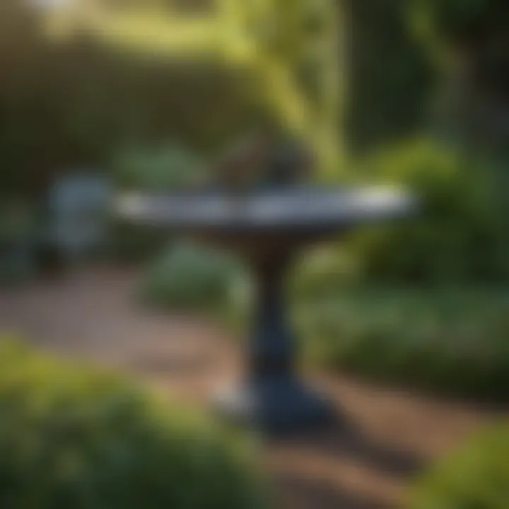 Elegant cast iron bird bath nestled in a lush garden setting