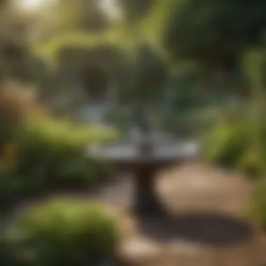 Tranquil Garden with Cast Iron Bird Bath Stunning landscape view featuring a large cast iron bird bath in a tranquil garden