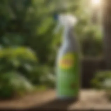 A close-up of a spray bottle labeled as an organic insecticide, set against a background of vibrant greenery.