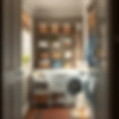 Organized laundry space featuring a hanging laundry cart