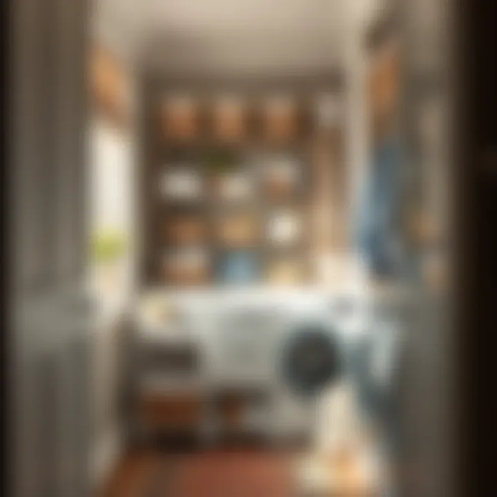 Organized laundry space featuring a hanging laundry cart