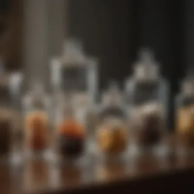 A variety of apothecary jars with labels showcasing their contents