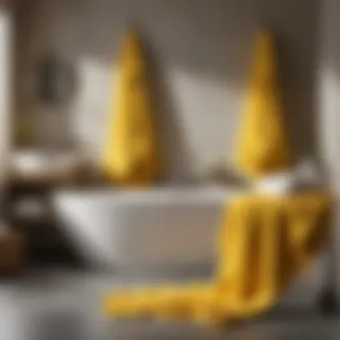 A vibrant collection of yellow print bath towels displayed in a stylish bathroom setting